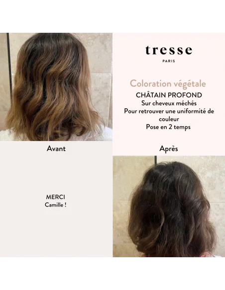Tresse Paris Coloration végétale Chatain profond avant après