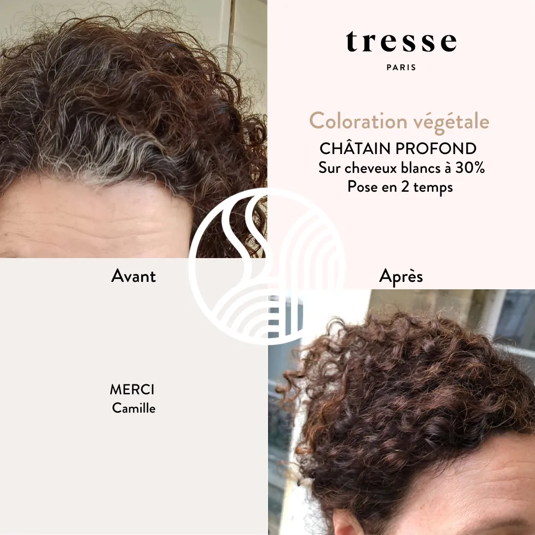 Avant et après Châtain profond, 30 % de cheveux blancs, pose en 2 temps