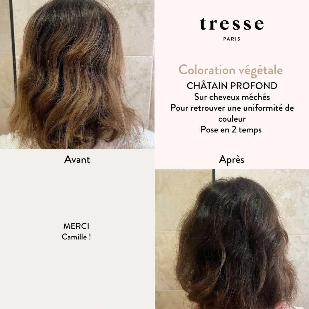 Avant après coloration végétale châtain profond Tresse Paris