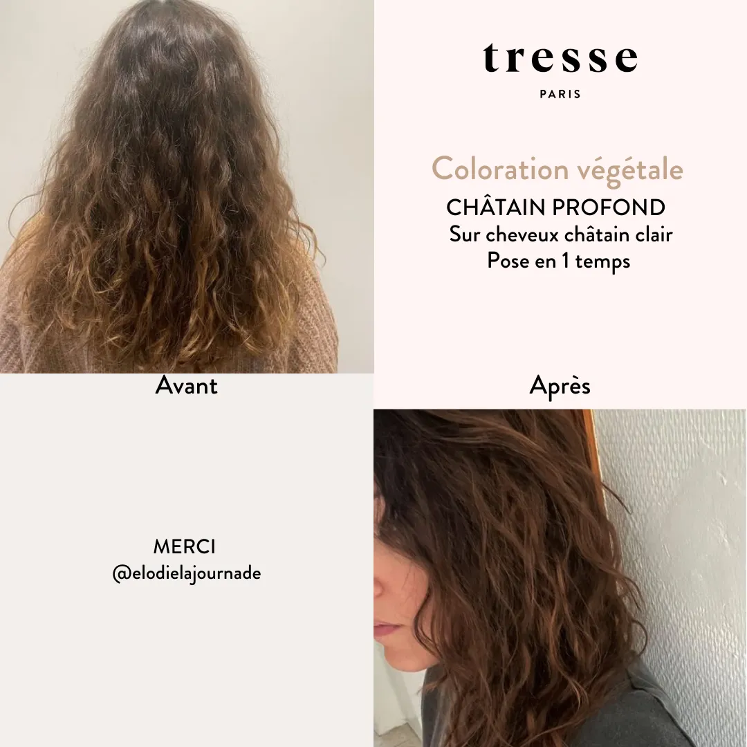 Résultat coloration végétale châtain profond sur cheveux blancs Tresse Paris