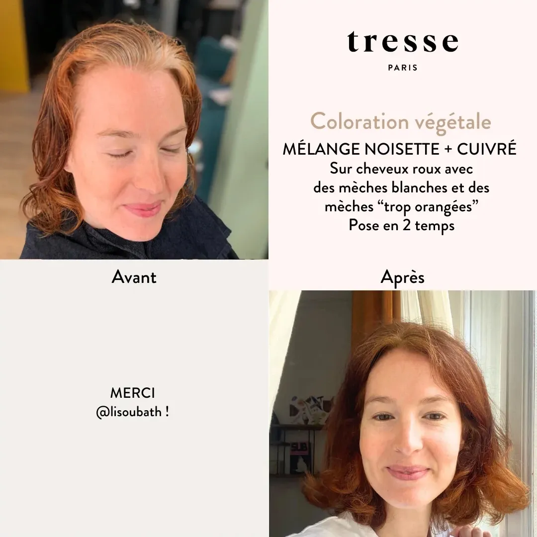 Avant après coloration végétale cuivré naturel Tresse Paris