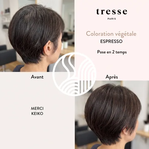 Avant et après coloration végétale Espresso de Keiko, pose en 2 temps