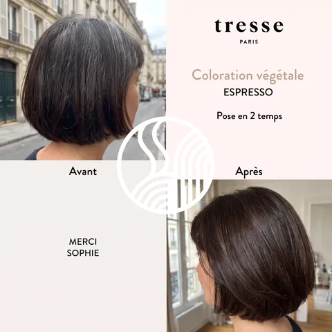 Avant et après coloration végétale Espresso de Sophie, pose en 2 temps