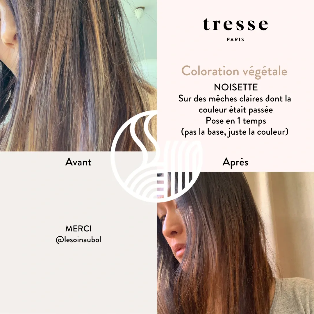 Avant après coloration végétale noisette Tresse Paris
