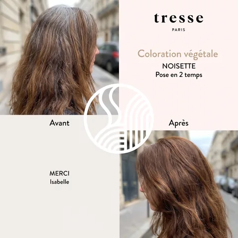 Avant et après coloration végétale Noisette de Isabelle, pose en 2 temps