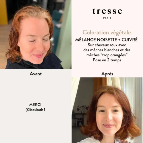 Avant et après de @lisoubath : mélange Noisette et Cuivré sur cheveux roux, pose en 2 temps