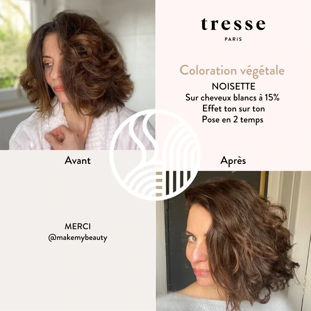 Résultat coloration végétale noisette sur cheveux blancs Tresse Paris